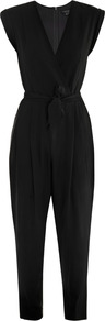 Provence Wrap Front All In One - neckline: v-neck; sleeve style: capped; pattern: plain; waist detail: belted waist/tie at waist/drawstring; predominant colour: black; occasions: evening; length: ankle length; fit: body skimming; fibres: polyester/polyamide - stretch; hip detail: soft pleats at hip/draping at hip/flared at hip, front pleats at hip level; sleeve length: sleeveless; texture group: crepes; style: jumpsuit; pattern type: fabric