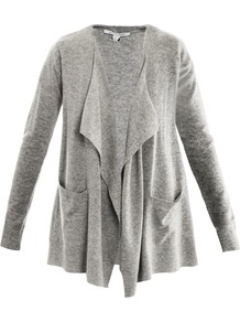 Hurit Cardigan - neckline: waterfall neck; length: below the bottom; hip detail: front pockets at hip; style: open front; predominant colour: mid grey; occasions: casual, work; fibres: wool - mix; fit: loose; sleeve length: long sleeve; sleeve style: standard; texture group: knits/crochet; bust detail: tiers/frills/bulky drapes/pleats; pattern type: knitted - other
