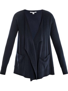 Hurit Cardigan - neckline: waterfall neck; hip detail: front pockets at hip, dip hem; bust detail: ruching/gathering/draping/layers/pintuck pleats at bust; style: open front; predominant colour: navy; occasions: casual, work; length: standard; fibres: wool - mix; fit: loose; sleeve length: long sleeve; sleeve style: standard; texture group: knits/crochet; trends: volume; pattern type: knitted - fine stitch