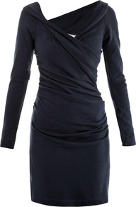 Lori Dress - style: faux wrap/wrap; neckline: low v-neck; pattern: plain; waist detail: fitted waist, twist front waist detail/nipped in at waist on one side/soft pleats/draping/ruching/gathering waist detail; hip detail: fitted at hip, soft pleats at hip/draping at hip/flared at hip; bust detail: ruching/gathering/draping/layers/pintuck pleats at bust; predominant colour: navy; occasions: casual, evening, work, occasion; length: just above the knee; fit: body skimming; fibres: silk - mix; sleeve length: long sleeve; sleeve style: standard; texture group: jersey - clingy; pattern type: fabric