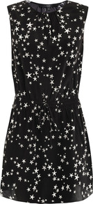 Star Print Silk Dress - style: shift; length: mid thigh; neckline: round neck; fit: fitted at waist; sleeve style: sleeveless; waist detail: elasticated waist, belted waist/tie at waist/drawstring; predominant colour: black; occasions: casual, evening; fibres: silk - 100%; hip detail: ruching/gathering at hip; sleeve length: sleeveless; texture group: crepes; pattern type: fabric; pattern size: standard; pattern: patterned/print
