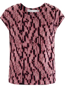 Knit Print Silk Top - neckline: round neck; sleeve style: capped; predominant colour: pink; occasions: casual, evening, work; length: standard; style: top; fibres: silk - 100%; fit: straight cut; sleeve length: short sleeve; texture group: crepes; pattern type: fabric; pattern size: standard; pattern: patterned/print