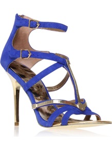 Alena - predominant colour: royal blue; occasions: evening, occasion; material: suede; heel height: high; embellishment: buckles; ankle detail: ankle strap; heel: stiletto; toe: open toe/peeptoe; style: strappy; trends: metallics; finish: plain; pattern: two-tone