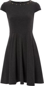 Studded Ponte Fit And Flare Dress Charcoal - neckline: round neck; sleeve style: capped; pattern: plain; bust detail: added detail/embellishment at bust; waist detail: fitted waist; predominant colour: charcoal; occasions: casual, evening, occasion; length: just above the knee; fit: fitted at waist & bust; style: fit & flare; fibres: polyester/polyamide - stretch; hip detail: structured pleats at hip; sleeve length: short sleeve; pattern type: fabric; pattern size: standard; texture group: jersey - stretchy/drapey; embellishment: studs