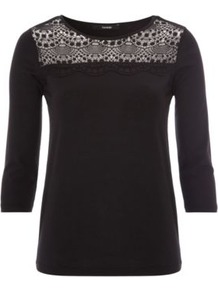 Lace Panel Jersey Top Black - pattern: plain; bust detail: added detail/embellishment at bust; predominant colour: black; occasions: casual; length: standard; style: top; fibres: polyester/polyamide - mix; fit: body skimming; neckline: crew; sleeve length: 3/4 length; sleeve style: standard; texture group: lace; pattern type: fabric; pattern size: standard