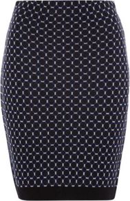 Knitted Geo Skirt Navy - length: mid thigh; style: pencil; fit: tight; hip detail: fitted at hip; waist: mid/regular rise; predominant colour: navy; occasions: casual, work; fibres: acrylic - mix; texture group: knits/crochet; trends: modern geometrics; pattern type: knitted - fine stitch; pattern size: small & busy; pattern: patterned/print