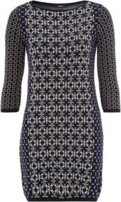 Geo Knitted Dress Navy - style: jumper dress; length: mid thigh; fit: tight; waist detail: fitted waist; predominant colour: charcoal; occasions: casual, evening; fibres: cotton - mix; neckline: crew; sleeve length: 3/4 length; sleeve style: standard; texture group: knits/crochet; trends: modern geometrics; pattern type: fabric; pattern size: small & busy; pattern: patterned/print