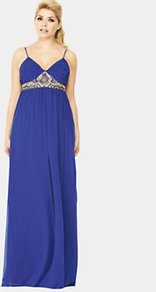Embellished Maxi Dress, Blue - neckline: low v-neck; sleeve style: spaghetti straps; fit: empire; pattern: plain; style: maxi dress; bust detail: added detail/embellishment at bust; predominant colour: royal blue; length: floor length; fibres: polyester/polyamide - stretch; hip detail: soft pleats at hip/draping at hip/flared at hip; sleeve length: sleeveless; texture group: sheer fabrics/chiffon/organza etc.; occasions: holiday; pattern type: fabric; embellishment: embroidered
