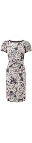 Pewter Confetti Floral Tea Dress - style: shift; length: below the knee; neckline: round neck; fit: tailored/fitted; waist detail: fitted waist; occasions: evening, work; predominant colour: multicoloured; sleeve length: short sleeve; sleeve style: standard; pattern type: fabric; pattern size: small & busy; pattern: patterned/print; texture group: woven light midweight; fibres: viscose/rayon - mix