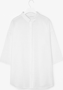 Sheer Textured Shirt - neckline: shirt collar/peter pan/zip with opening; pattern: plain; length: below the bottom; style: shirt; bust detail: buttons at bust (in middle at breastbone)/zip detail at bust; predominant colour: white; occasions: casual, work; fibres: cotton - mix; fit: straight cut; sleeve length: 3/4 length; sleeve style: standard; pattern type: fabric; pattern size: standard; texture group: other - light to midweight