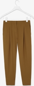 Pleated Trousers - length: standard; pattern: plain; pocket detail: small back pockets, pockets at the sides; style: peg leg; waist: mid/regular rise; predominant colour: mustard; occasions: casual, evening, work; fibres: polyester/polyamide - mix; hip detail: front pleats at hip level; waist detail: narrow waistband; texture group: crepes; fit: tapered; pattern type: fabric; pattern size: standard