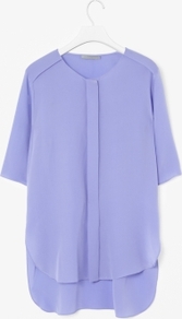 Curved Hem Silk Shirt - neckline: round neck; pattern: plain; style: shirt; bust detail: ruching/gathering/draping/layers/pintuck pleats at bust, tiers/frills/bulky drapes/pleats; predominant colour: lilac; occasions: casual, evening, work; length: standard; fibres: silk - 100%; fit: loose; back detail: longer hem at back than at front; sleeve length: half sleeve; sleeve style: standard; texture group: silky - light; pattern type: fabric; pattern size: standard