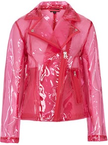 Pink Clear Plastic Jacket - pattern: plain; style: biker; bust detail: added detail/embellishment at bust; hip detail: side pockets at hip, front pockets at hip, flared at hip; collar: asymmetric biker; predominant colour: hot pink; occasions: casual; length: standard; fit: straight cut (boxy); fibres: polyester/polyamide - 100%; sleeve length: long sleeve; sleeve style: standard; texture group: rubber/latex; trends: fluorescent; collar break: medium; pattern type: fabric; pattern size: standard