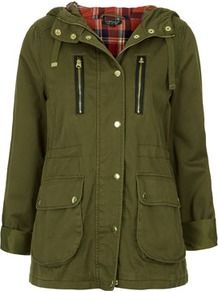 Talbot Hooded Short Parka - pattern: plain; length: below the bottom; bust detail: added detail/embellishment at bust; style: parka; back detail: hood; hip detail: front pockets at hip; predominant colour: khaki; occasions: casual; fit: straight cut (boxy); fibres: cotton - 100%; collar: shirt collar/peter pan/zip with opening; sleeve length: long sleeve; sleeve style: standard; texture group: cotton feel fabrics; collar break: high; pattern type: fabric; pattern size: standard