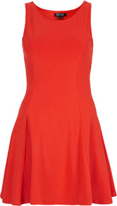 Clean Seam Flippy Tunic - length: mid thigh; neckline: round neck; pattern: plain; sleeve style: sleeveless; waist detail: fitted waist; predominant colour: bright orange; occasions: casual, evening, occasion, holiday; fit: fitted at waist & bust; style: fit & flare; fibres: cotton - stretch; hip detail: ruching/gathering at hip, structured pleats at hip, soft pleats at hip/draping at hip/flared at hip; sleeve length: sleeveless; pattern type: fabric; pattern size: standard; texture group: jersey - stretchy/drapey