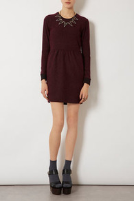 Boucle Sweater Dress - style: shift; length: mid thigh; fit: fitted at waist; pattern: plain, herringbone/tweed; waist detail: fitted waist, twist front waist detail/nipped in at waist on one side/soft pleats/draping/ruching/gathering waist detail; hip detail: fitted at hip, ruching/gathering at hip; predominant colour: burgundy; occasions: casual, evening, work; fibres: polyester/polyamide - mix; neckline: crew; sleeve length: long sleeve; sleeve style: standard; texture group: knits/crochet; trends: glamorous day shifts; pattern type: fabric; pattern size: standard