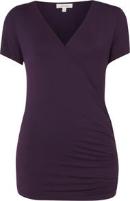 Women's S/S Wrap Top, Violet - neckline: v-neck; pattern: plain; length: below the bottom; style: wrap/faux wrap; predominant colour: aubergine; occasions: casual, work, holiday; fibres: viscose/rayon - stretch; fit: body skimming; hip detail: ruching/gathering at hip; sleeve length: short sleeve; sleeve style: standard; pattern type: fabric; texture group: jersey - stretchy/drapey