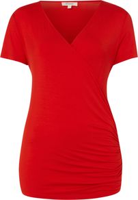 Women's S/S Wrap Top, Red - neckline: v-neck; pattern: plain; style: wrap/faux wrap; predominant colour: true red; occasions: casual, work, holiday; length: standard; fibres: viscose/rayon - stretch; fit: body skimming; hip detail: ruching/gathering at hip; sleeve length: short sleeve; sleeve style: standard; pattern type: fabric; texture group: jersey - stretchy/drapey