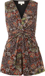 Women's Dot/Dash Knot Front Top, Multi Coloured - neckline: v-neck; sleeve style: sleeveless; length: below the bottom; bust detail: ruching/gathering/draping/layers/pintuck pleats at bust; occasions: casual, holiday; style: top; fibres: viscose/rayon - stretch; fit: body skimming; hip detail: ruching/gathering at hip; predominant colour: multicoloured; sleeve length: sleeveless; texture group: cotton feel fabrics; pattern type: fabric; pattern size: big & busy; pattern: patterned/print