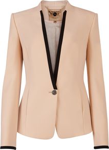 Women's Teamo Contrast Trim Crepe Blazer, Nude - pattern: plain; style: single breasted tuxedo; collar: standard lapel/rever collar; predominant colour: blush; secondary colour: nude; occasions: evening, work, occasion; length: standard; fit: tailored/fitted; fibres: polyester/polyamide - 100%; sleeve length: long sleeve; sleeve style: standard; trends: tuxedo; collar break: low/open; pattern type: fabric; texture group: woven light midweight