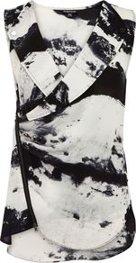 Women's Abstract Print Biker Blouse, Dark Grey - neckline: low v-neck; sleeve style: sleeveless; style: wrap/faux wrap; predominant colour: black; occasions: casual, evening, work; length: standard; fibres: polyester/polyamide - 100%; fit: body skimming; sleeve length: sleeveless; texture group: cotton feel fabrics; pattern type: fabric; pattern size: big & busy; pattern: patterned/print