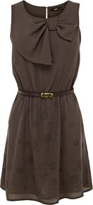 Women's Cutwork Tunic Dress, Khaki - length: mid thigh; neckline: round neck; fit: fitted at waist; pattern: plain; sleeve style: sleeveless; style: blouson; bust detail: added detail/embellishment at bust; waist detail: belted waist/tie at waist/drawstring; predominant colour: khaki; occasions: casual, evening; fibres: cotton - 100%; hip detail: soft pleats at hip/draping at hip/flared at hip; back detail: keyhole/peephole detail at back; sleeve length: sleeveless; texture group: sheer fabrics/chiffon/organza etc.; pattern type: fabric; pattern size: standard