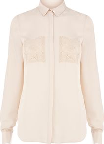 Women's Lace Pocket Blouse, Cream - neckline: shirt collar/peter pan/zip with opening; pattern: plain; length: below the bottom; bust detail: pocket detail at bust; style: blouse; predominant colour: ivory; occasions: casual, evening, work; fibres: polyester/polyamide - 100%; fit: straight cut; sleeve length: long sleeve; sleeve style: standard; texture group: sheer fabrics/chiffon/organza etc.; pattern type: fabric; embellishment: lace