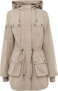 Women's Dip Hem Parka Jacket Longer Length, Stone - pattern: plain; fit: loose; style: parka; back detail: hood; hip detail: front pockets at hip; collar: high neck; length: mid thigh; predominant colour: stone; occasions: casual; fibres: cotton - 100%; waist detail: belted waist/tie at waist/drawstring; sleeve length: long sleeve; sleeve style: standard; collar break: high; pattern type: fabric; texture group: other - light to midweight