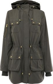 Women's Dip Hem Parka Jacket Longer Length, Khaki - pattern: plain; fit: loose; style: parka; back detail: hood; hip detail: front pockets at hip; collar: high neck; length: mid thigh; predominant colour: khaki; occasions: casual; fibres: cotton - 100%; waist detail: belted waist/tie at waist/drawstring; sleeve length: long sleeve; sleeve style: standard; collar break: high; pattern type: fabric; texture group: other - light to midweight