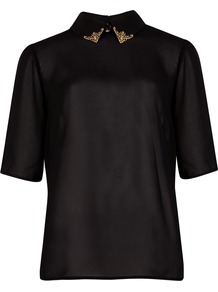 Women's Porta Embellished Collar Shirt, Black - neckline: shirt collar/peter pan/zip with opening; pattern: plain; style: shirt; predominant colour: black; occasions: evening, work; length: standard; fibres: polyester/polyamide - 100%; fit: body skimming; back detail: keyhole/peephole detail at back; sleeve length: half sleeve; sleeve style: standard; texture group: sheer fabrics/chiffon/organza etc.; pattern type: fabric; embellishment: chain/metal