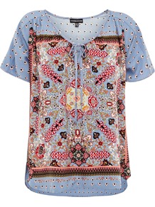 Women's Exotic Print Tunic, Multi Coloured - bust detail: added detail/embellishment at bust; style: tunic; secondary colour: true red; occasions: casual, holiday; length: standard; neckline: scoop; fibres: viscose/rayon - 100%; fit: loose; predominant colour: multicoloured; sleeve length: short sleeve; sleeve style: standard; trends: statement prints; pattern type: fabric; pattern size: small & busy; pattern: patterned/print; texture group: jersey - stretchy/drapey