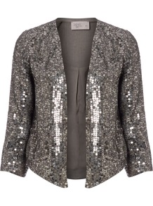 Women's Grey Sequin Throw On, Grey - pattern: plain; style: single breasted blazer; collar: standard lapel/rever collar; predominant colour: charcoal; occasions: evening, occasion; length: standard; fit: straight cut (boxy); fibres: polyester/polyamide - 100%; sleeve length: 3/4 length; sleeve style: standard; trends: metallics; collar break: low/open; pattern type: fabric; texture group: other - light to midweight; embellishment: sequins
