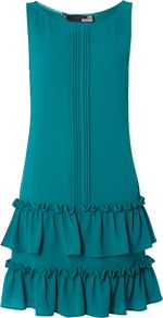 Women's Sleeveless Crew Neck Ruffle Peplum Dress, Teal - style: shift; neckline: round neck; pattern: plain; sleeve style: sleeveless; waist detail: drop waist; predominant colour: teal; occasions: evening, occasion; length: just above the knee; fit: soft a-line; fibres: polyester/polyamide - stretch; sleeve length: sleeveless; texture group: crepes; hip detail: ruffles/tiers/tie detail at hip; pattern type: fabric