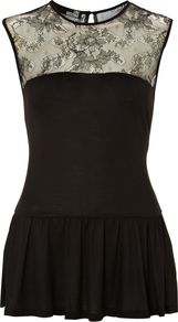 Women's Sleeveless Crew Neck Peplum Top With Lace Yoke, Black - pattern: plain; sleeve style: sleeveless; waist detail: twist front waist detail/nipped in at waist on one side/soft pleats/draping/ruching/gathering waist detail; predominant colour: black; occasions: evening, occasion; length: standard; style: top; fit: body skimming; neckline: crew; back detail: keyhole/peephole detail at back; sleeve length: sleeveless; pattern type: fabric; texture group: jersey - stretchy/drapey; fibres: viscose/rayon - mix; embellishment: lace