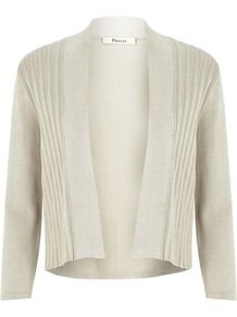 Women's Oyster Pleat Trim Shrug, Oyster - pattern: plain; length: cropped; neckline: collarless open; style: open front; predominant colour: ivory; occasions: casual; fit: standard fit; sleeve length: 3/4 length; sleeve style: standard; texture group: knits/crochet; pattern type: knitted - other; fibres: viscose/rayon - mix