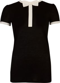 Amaris Bow T Top, Black - pattern: plain; bust detail: added detail/embellishment at bust; secondary colour: ivory; predominant colour: black; occasions: casual, evening, work; length: standard; style: top; fibres: polyester/polyamide - mix; fit: body skimming; neckline: crew; back detail: keyhole/peephole detail at back; sleeve length: short sleeve; sleeve style: standard; pattern type: fabric; pattern size: standard; texture group: jersey - stretchy/drapey; embellishment: applique
