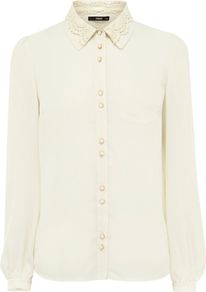 Women's Lace Collar Blouse, Off White - neckline: shirt collar/peter pan/zip with opening; pattern: plain; style: blouse; bust detail: buttons at bust (in middle at breastbone)/zip detail at bust; predominant colour: ivory; secondary colour: ivory; occasions: casual, evening; length: standard; fibres: polyester/polyamide - 100%; fit: straight cut; sleeve length: long sleeve; sleeve style: standard; texture group: sheer fabrics/chiffon/organza etc.; pattern type: fabric; embellishment: lace