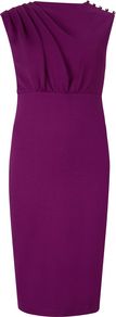 Women's Bridie Sculpted Pleated Dress, Fuchsia - style: shift; neckline: slash/boat neckline; sleeve style: capped; fit: tailored/fitted; pattern: plain; bust detail: ruching/gathering/draping/layers/pintuck pleats at bust; predominant colour: magenta; occasions: evening, occasion; length: just above the knee; fibres: polyester/polyamide - stretch; shoulder detail: added shoulder detail; sleeve length: sleeveless; texture group: crepes; pattern type: fabric