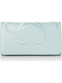 Freya Leather Clutch Blue Sky - predominant colour: pale blue; occasions: evening, occasion; type of pattern: light; style: clutch; length: hand carry; size: small; material: leather; embellishment: embroidered; pattern: plain, patterned/print; finish: plain