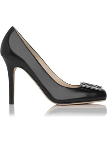 Lovells Tudor Rose Detail Court Shoe Black - predominant colour: black; occasions: evening, work, occasion; material: leather; heel height: high; embellishment: buckles, chain/metal; heel: stiletto; toe: round toe; style: courts; finish: patent; pattern: plain