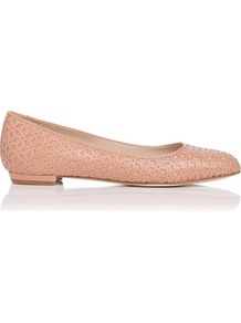 Florrie Leather Laser Cut Out Flat Pink Blush - predominant colour: blush; occasions: casual, work; material: leather; heel height: flat; toe: round toe; style: ballerinas / pumps; finish: plain; pattern: patterned/print