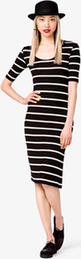 Contrast Woven Striped Dress - style: t-shirt; length: below the knee; fit: tight; pattern: horizontal stripes; back detail: contrast pattern/fabric at back; secondary colour: white; predominant colour: black; occasions: casual, evening, holiday; neckline: scoop; fibres: polyester/polyamide - 100%; sleeve length: half sleeve; sleeve style: standard; texture group: jersey - clingy; pattern type: fabric; pattern size: standard
