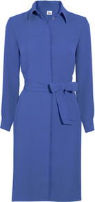 Crepe Shirt Dress - style: shirt; neckline: shirt collar/peter pan/zip with opening; pattern: plain; waist detail: belted waist/tie at waist/drawstring; predominant colour: royal blue; occasions: casual, work; length: just above the knee; fit: body skimming; fibres: polyester/polyamide - 100%; sleeve length: long sleeve; sleeve style: standard; texture group: crepes; pattern type: fabric