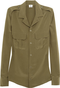 The Military Silk Shirt - neckline: shirt collar/peter pan/zip with opening; pattern: plain; shoulder detail: obvious epaulette; style: shirt; bust detail: pocket detail at bust, buttons at bust (in middle at breastbone)/zip detail at bust; predominant colour: khaki; occasions: casual, evening, work; length: standard; fibres: silk - 100%; fit: body skimming; sleeve length: long sleeve; sleeve style: standard; texture group: silky - light; pattern type: fabric