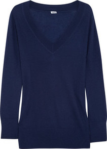 Cashmere Sweater - neckline: low v-neck; style: standard; hip detail: fitted at hip, contrast fabric/print detail at hip; predominant colour: navy; occasions: casual, work; length: standard; fit: standard fit; fibres: cashmere - 100%; sleeve length: long sleeve; sleeve style: standard; texture group: knits/crochet; pattern type: knitted - fine stitch; pattern size: standard