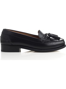 Gimlet Tassled Loafers - predominant colour: black; occasions: casual, work; material: leather; heel height: mid; embellishment: tassels; toe: round toe; style: loafers; finish: plain; pattern: plain