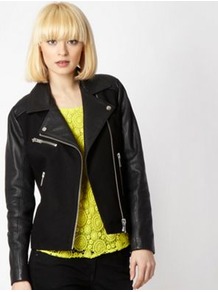 Black Leather Panelled Biker Jacket - pattern: plain; style: biker; collar: asymmetric biker; predominant colour: black; occasions: casual; length: standard; fit: straight cut (boxy); fibres: cotton - mix; sleeve length: long sleeve; sleeve style: standard; collar break: medium; pattern type: fabric; texture group: other - bulky/heavy