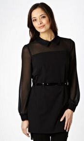 Black Lace Collared Tunic Top - pattern: plain; length: below the bottom; sleeve style: balloon; shoulder detail: contrast pattern/fabric at shoulder; waist detail: belted waist/tie at waist/drawstring; predominant colour: black; occasions: evening, work; style: top; fibres: polyester/polyamide - 100%; fit: straight cut; neckline: no opening/shirt collar/peter pan; sleeve length: long sleeve; texture group: sheer fabrics/chiffon/organza etc.; pattern type: fabric; embellishment: lace