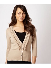 Natural Chain Ruffle Cardigan - neckline: low v-neck; pattern: plain; predominant colour: stone; occasions: casual, work; length: standard; style: standard; fibres: cotton - stretch; fit: slim fit; sleeve length: 3/4 length; sleeve style: standard; texture group: knits/crochet; bust detail: tiers/frills/bulky drapes/pleats; pattern type: knitted - fine stitch