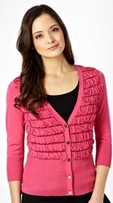 Dark Pink Ruched Front Cardigan - neckline: low v-neck; pattern: plain; shoulder detail: contrast pattern/fabric at shoulder; back detail: contrast pattern/fabric at back; bust detail: ruching/gathering/draping/layers/pintuck pleats at bust, buttons at bust (in middle at breastbone)/zip detail at bust, contrast pattern/fabric/detail at bust; predominant colour: pink; occasions: casual, evening, work, holiday; length: standard; style: standard; fibres: nylon - mix; fit: slim fit; waist detail: fitted waist; sleeve length: 3/4 length; sleeve style: standard; texture group: knits/crochet; trends: sculptural frills; pattern type: knitted - fine stitch; pattern size: light/subtle